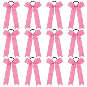 DEEKA Long Tail Rhinestones Cheer Bow 12 PCS Collegiate Style Full Rhinestone Skinny Ponytail Holder Handmade for Girls Teens Cheerleader Sports (Hot Pink)