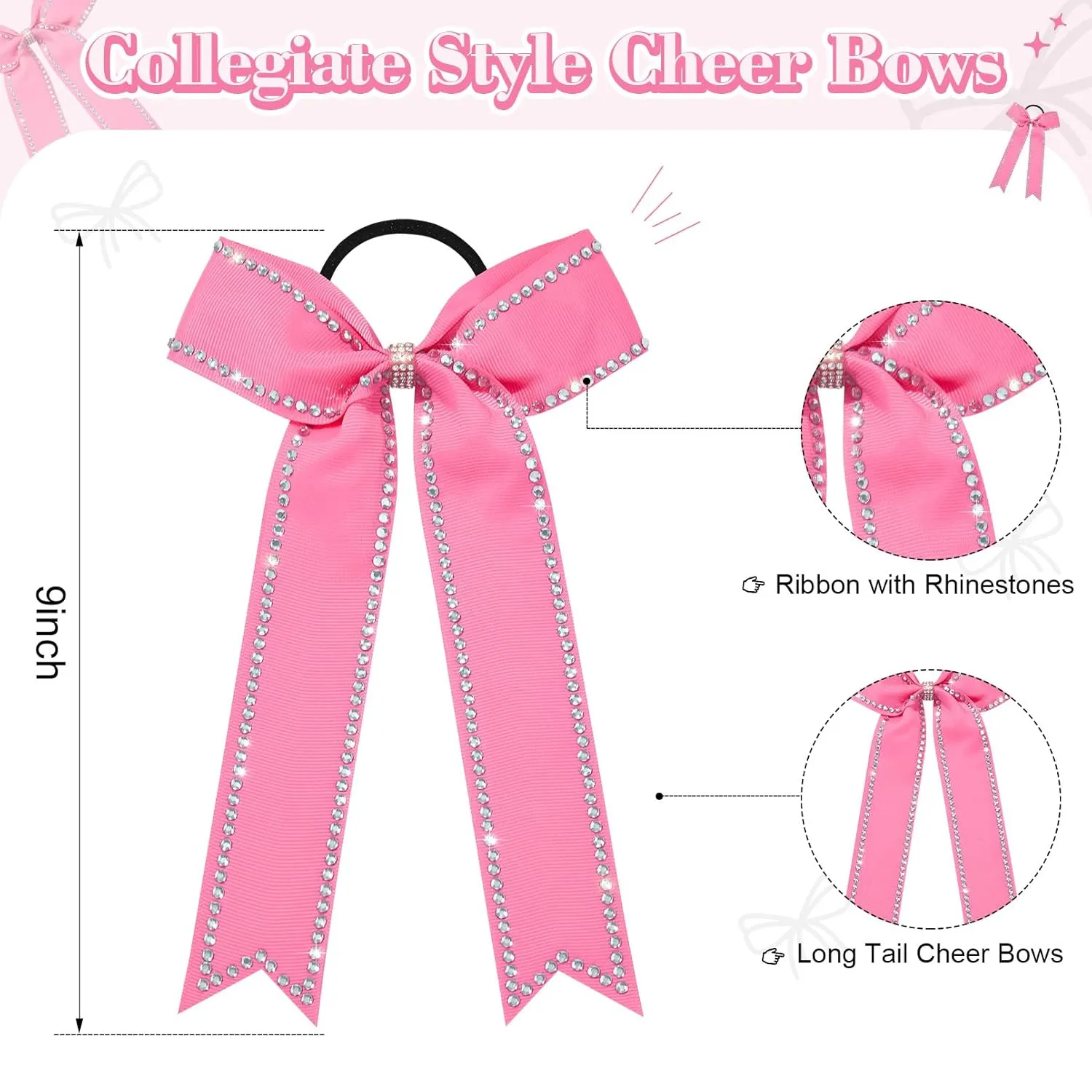 DEEKA Long Tail Rhinestones Cheer Bow 12 PCS Collegiate Style Full Rhinestone Skinny Ponytail Holder Handmade for Girls Teens Cheerleader Sports (Hot Pink)