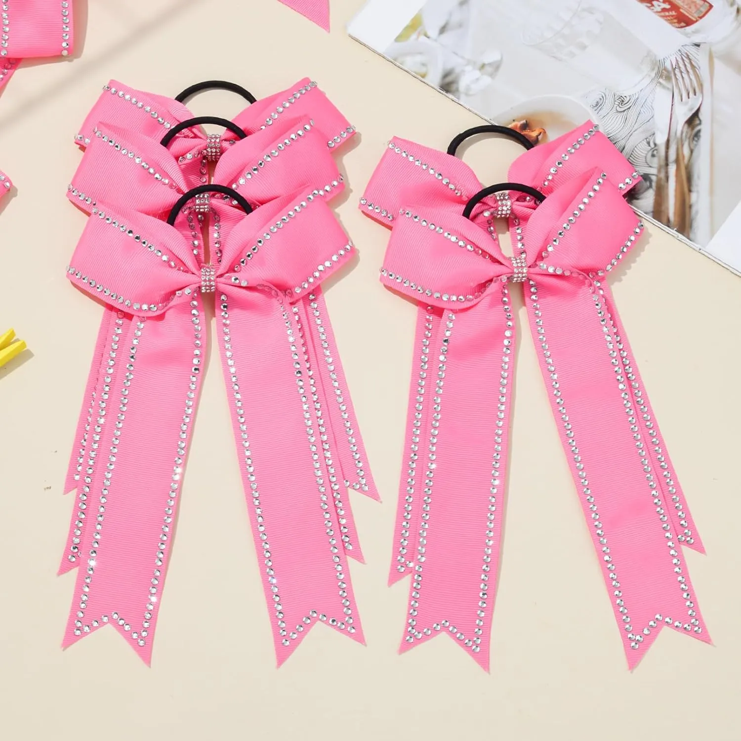 DEEKA Long Tail Rhinestones Cheer Bow 12 PCS Collegiate Style Full Rhinestone Skinny Ponytail Holder Handmade for Girls Teens Cheerleader Sports (Hot Pink)