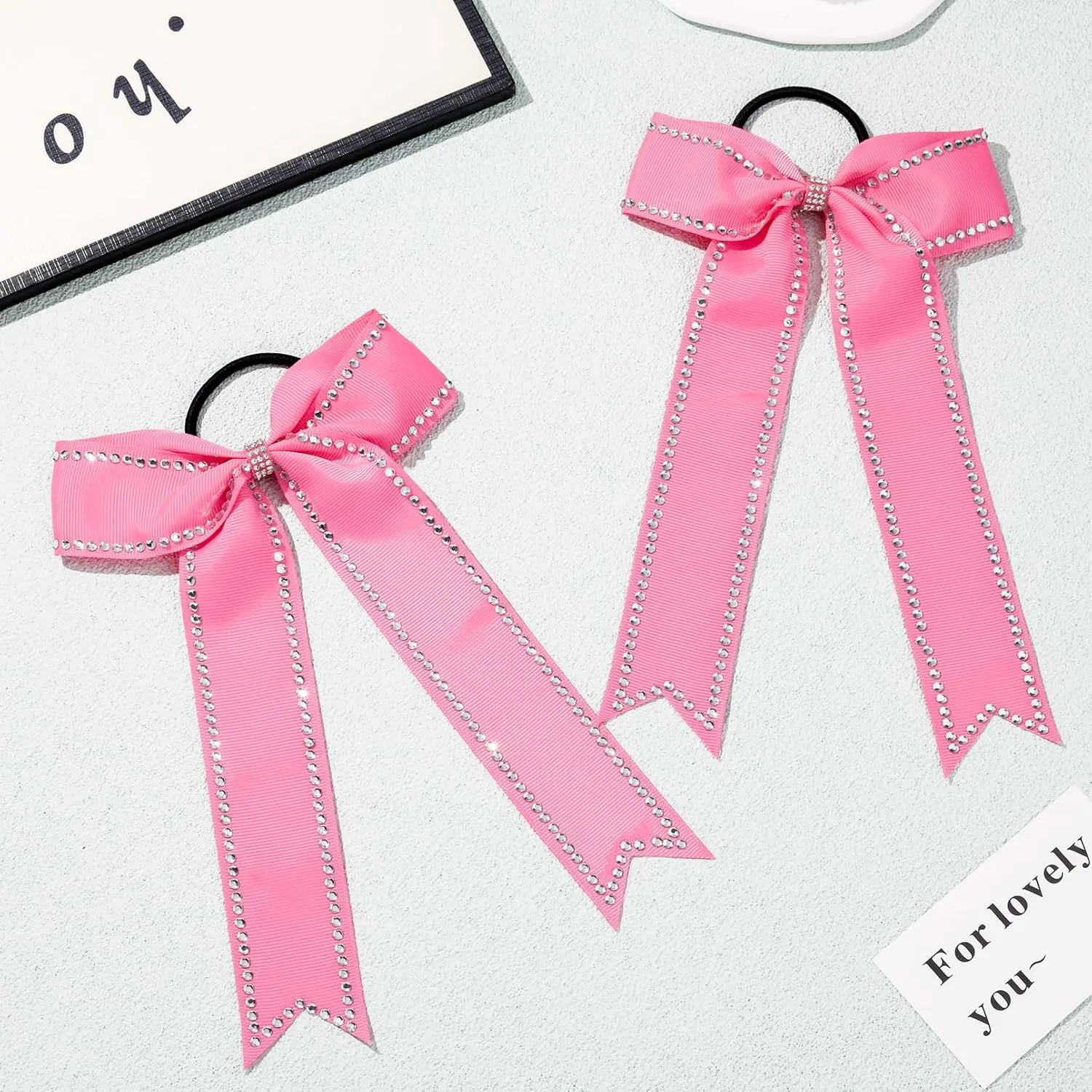 DEEKA Long Tail Rhinestones Cheer Bow 12 PCS Collegiate Style Full Rhinestone Skinny Ponytail Holder Handmade for Girls Teens Cheerleader Sports (Hot Pink)