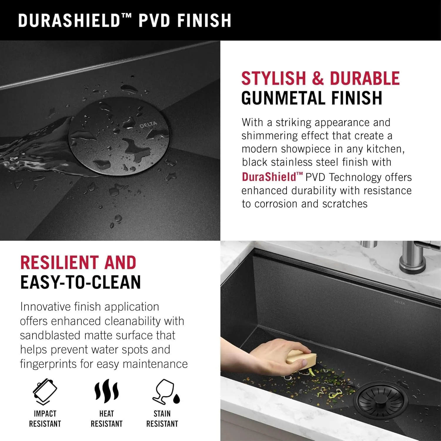 Delta Rivet 27 Inch Black Stainless Steel Undermount 16 Gauge Workstation Kitchen Sink Single Bowl in PVD Gunmetal Finish with WorkFlow Ledge and Accessories, 95B9031-27S-GS