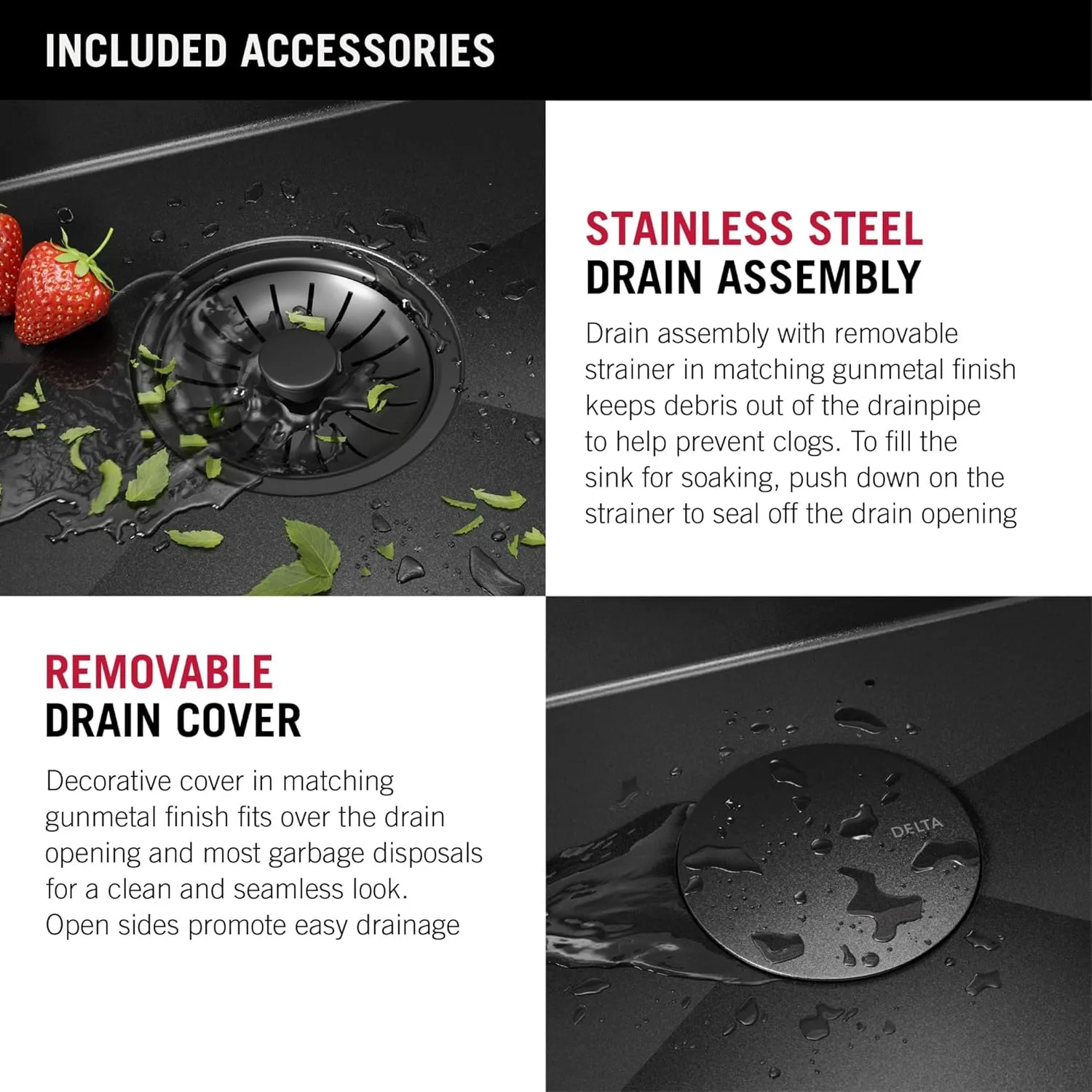 Delta Rivet 27 Inch Black Stainless Steel Undermount 16 Gauge Workstation Kitchen Sink Single Bowl in PVD Gunmetal Finish with WorkFlow Ledge and Accessories, 95B9031-27S-GS