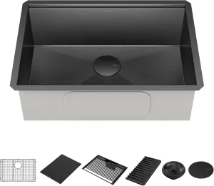 Delta Rivet 27 Inch Black Stainless Steel Undermount 16 Gauge Workstation Kitchen Sink Single Bowl in PVD Gunmetal Finish with WorkFlow Ledge and Accessories, 95B9031-27S-GS