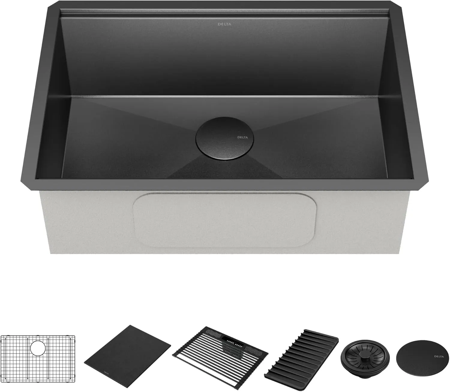 Delta Rivet 27 Inch Black Stainless Steel Undermount 16 Gauge Workstation Kitchen Sink Single Bowl in PVD Gunmetal Finish with WorkFlow Ledge and Accessories, 95B9031-27S-GS