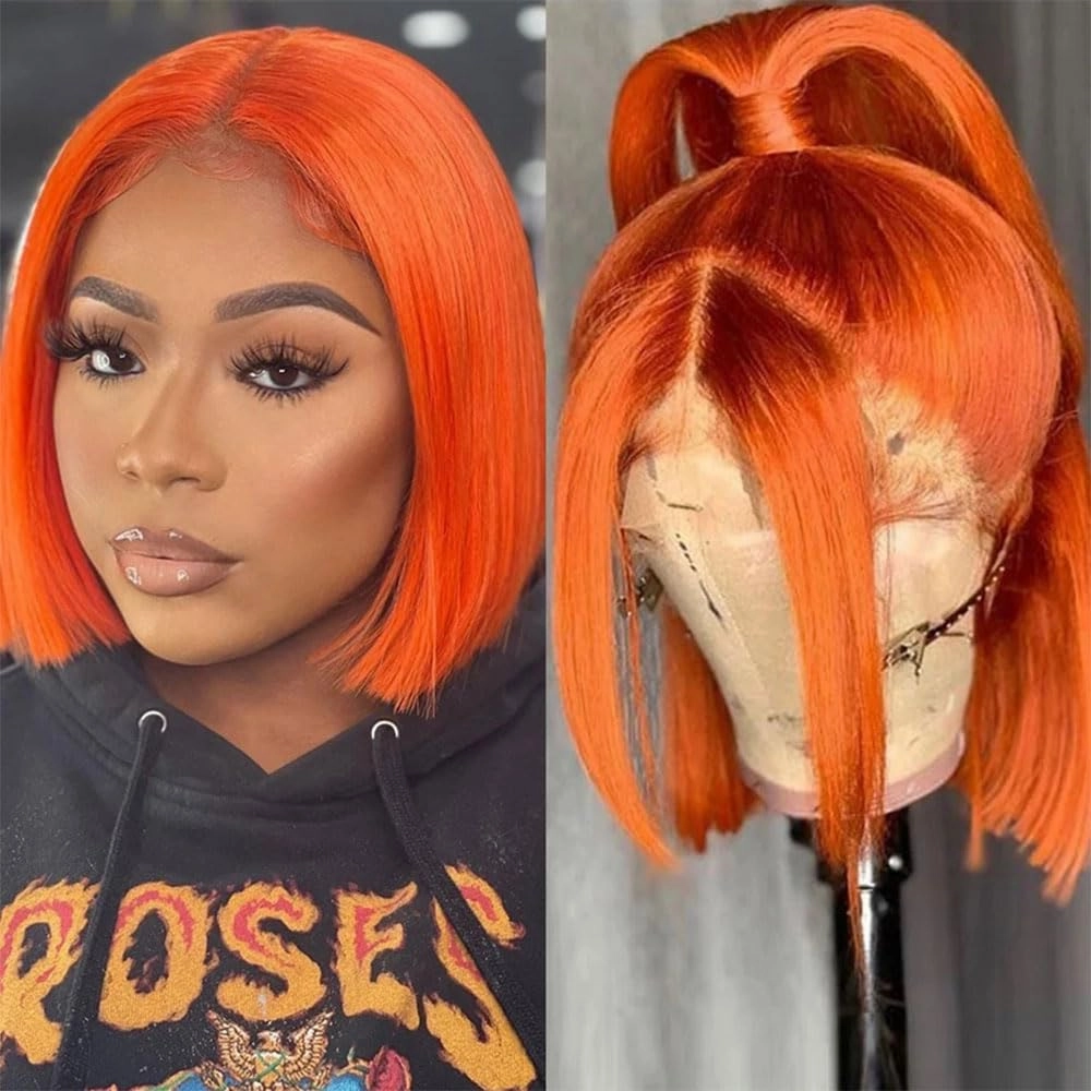 DEWELLY Ginger Bob Wig Human Hair 13x4 HD Lace Front Wigs 12 Inch Straight Short Bob Wig #350 Ginger Orange Lace Frontal Human Hair Bob Wigs for Women Natural Hairline with Baby Hair