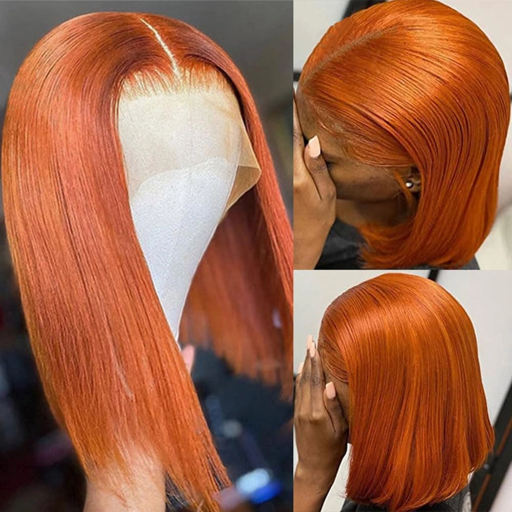 DEWELLY Ginger Bob Wig Human Hair 13x4 HD Lace Front Wigs 12 Inch Straight Short Bob Wig #350 Ginger Orange Lace Frontal Human Hair Bob Wigs for Women Natural Hairline with Baby Hair