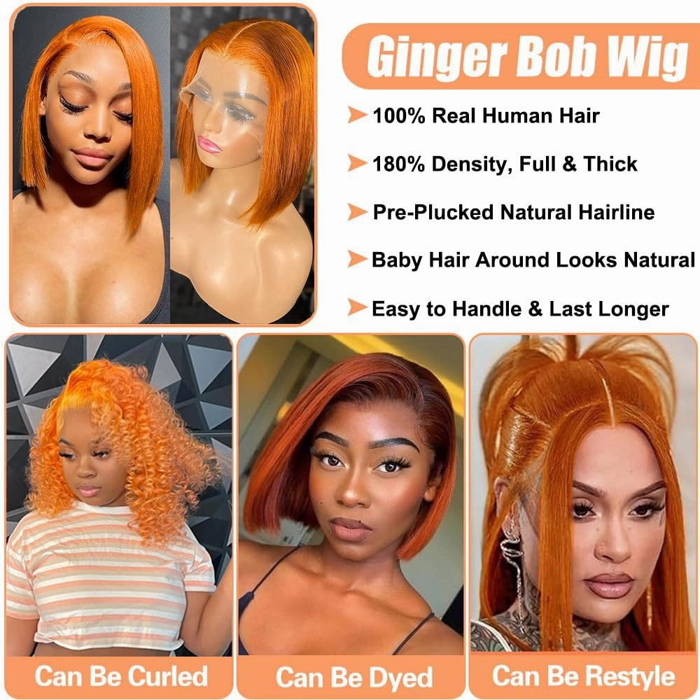 DEWELLY Ginger Bob Wig Human Hair 13x4 HD Lace Front Wigs 12 Inch Straight Short Bob Wig #350 Ginger Orange Lace Frontal Human Hair Bob Wigs for Women Natural Hairline with Baby Hair