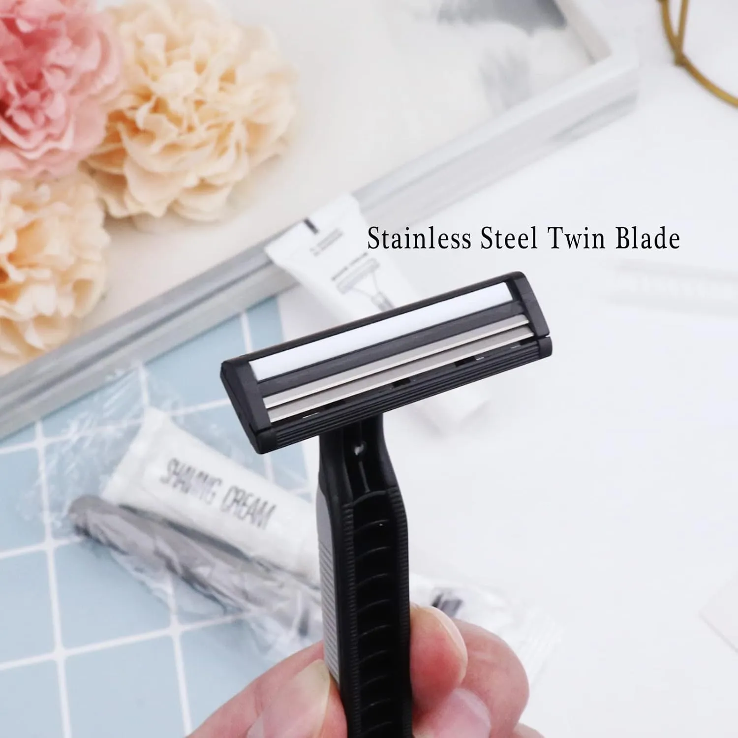 Disposable Razors in Bulk Pack of 120,Black Bulk Razors Disposable Individually Wrapped Twin Blade Disposable Shaving Razors with Shaving Cream and Clear Cap Set for Homeless,Hotel,Charity,Travel