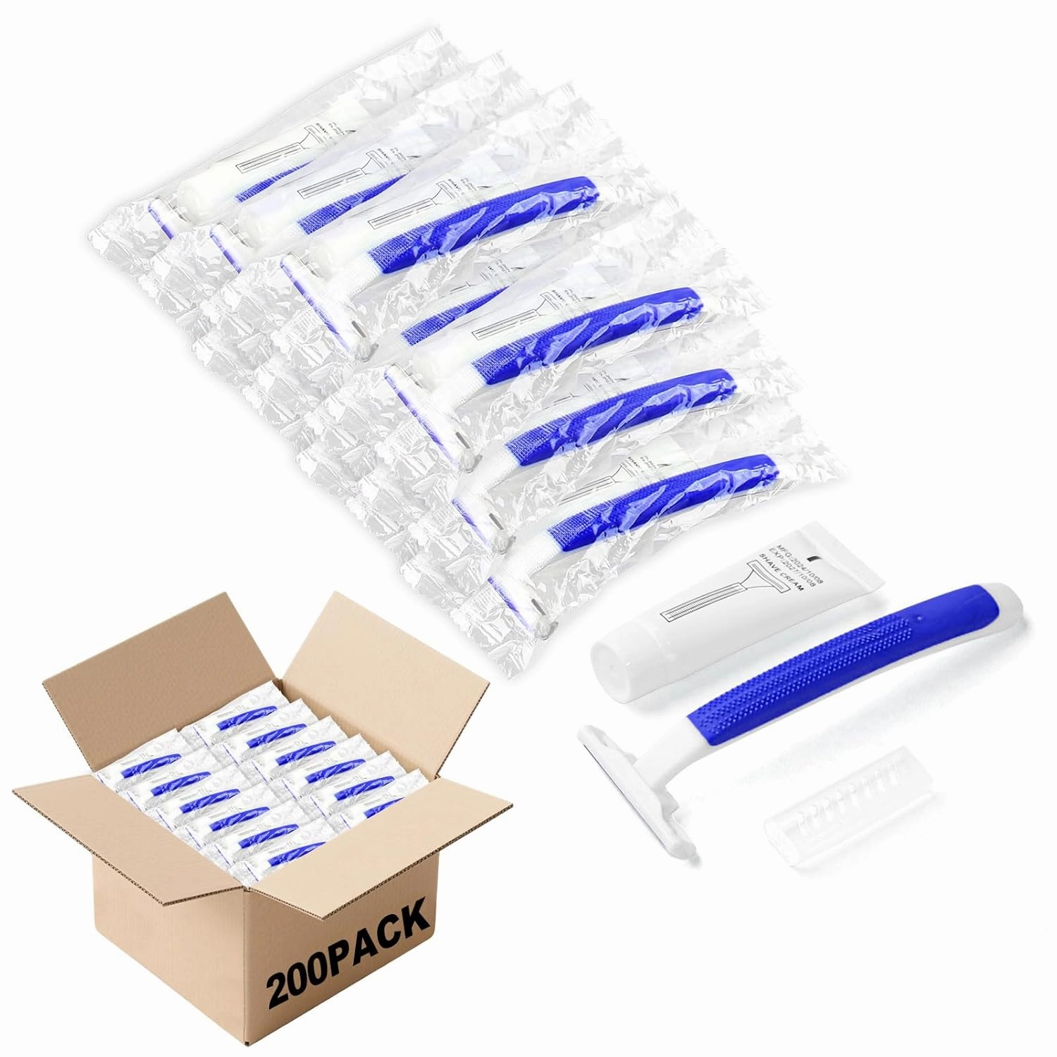 Disposable Razors in Bulk,razors individually wrapped bulk,Twin Blade Razors with Clear Safety Cap and Shaving Cream, Razors For Homeless, Hotel,Air Bnb,Shelter/Homeless/Travel(200 PCS)