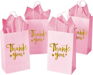 DjinnGlory 50 Pack Small Pink & Gold Foil Thank You Paper Gift Bags with Handles 9''x5.5''x3.15'' and 50 Tissue Paper for Mother's Day Wedding Bridal Baby Shower Birthday Princess Party Supplies