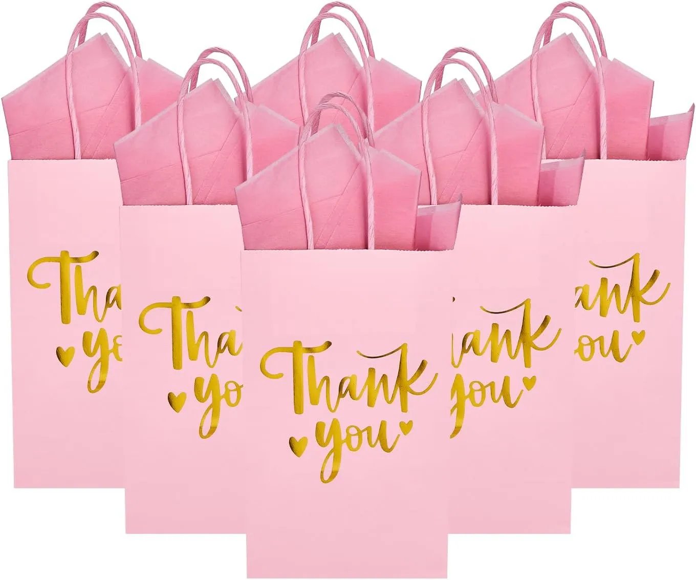 DjinnGlory 50 Pack Small Pink & Gold Foil Thank You Paper Gift Bags with Handles 9''x5.5''x3.15'' and 50 Tissue Paper for Mother's Day Wedding Bridal Baby Shower Birthday Princess Party Supplies