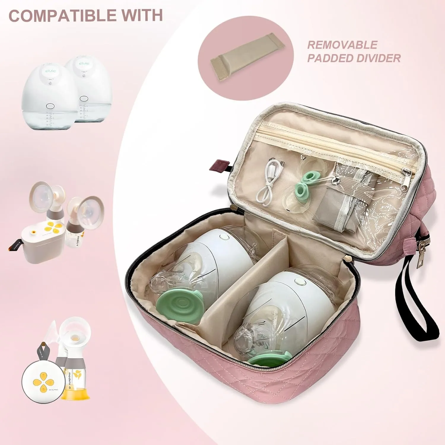 Double-Layer Wearable Breast Pump Bag for Elvie and Medela Pumps - Insulated Pockets and Waterproof Mat Included - Stylish Carrying Case for Moms on The Go (Pink)