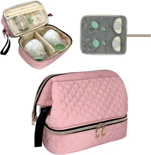 Double-Layer Wearable Breast Pump Bag for Elvie and Medela Pumps - Insulated Pockets and Waterproof Mat Included - Stylish Carrying Case for Moms on The Go (Pink)