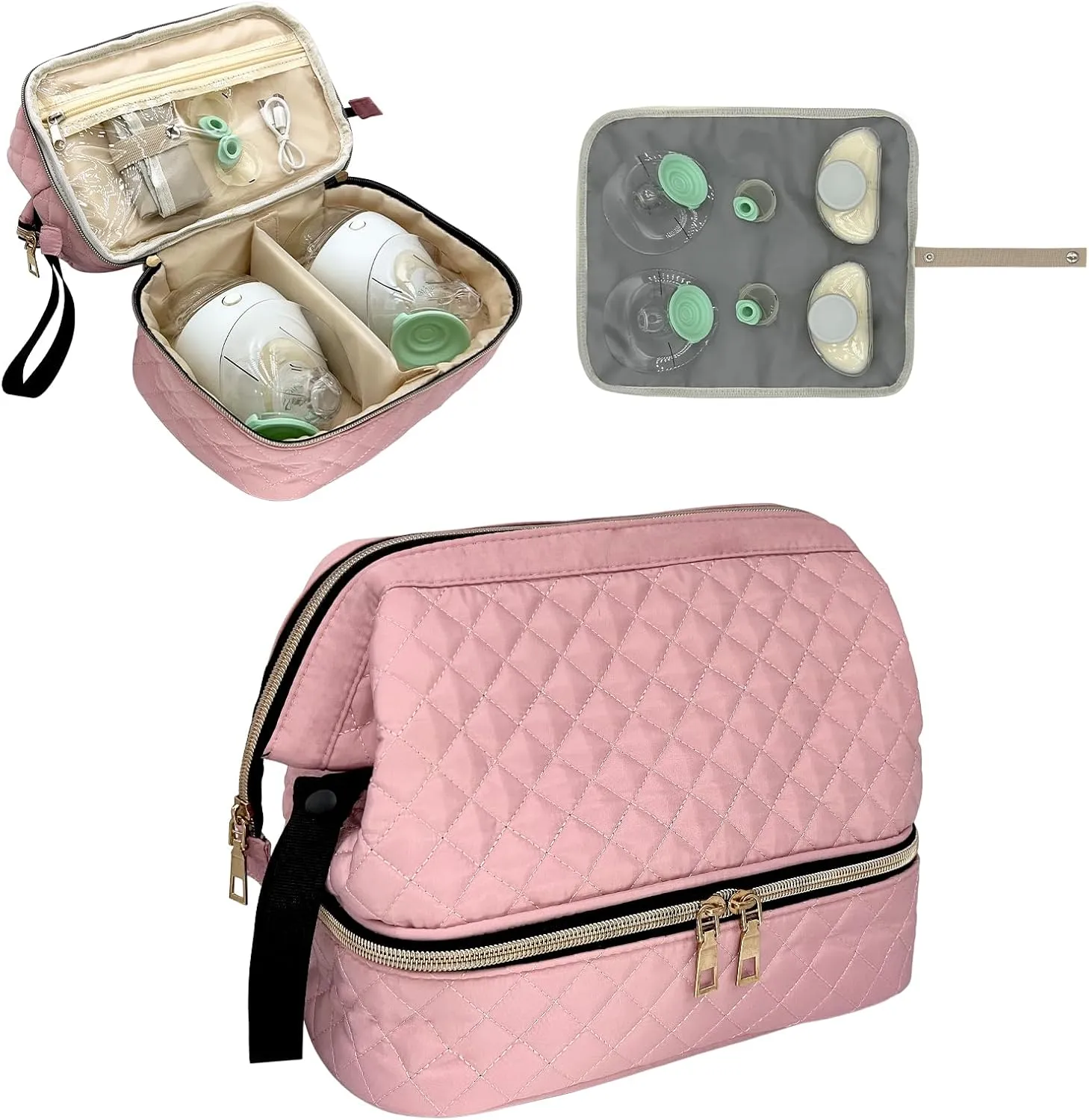 Double-Layer Wearable Breast Pump Bag for Elvie and Medela Pumps - Insulated Pockets and Waterproof Mat Included - Stylish Carrying Case for Moms on The Go (Pink)