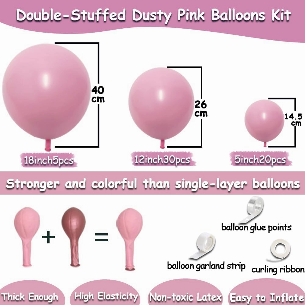 Double Stuffed Pink Balloon Garland Dusty Rose Light Pink Latex Balloons Arch Different Sizes 18/12/5 Inch for Birthday Baby Shower Wedding Bridal Engagement Party Decorations