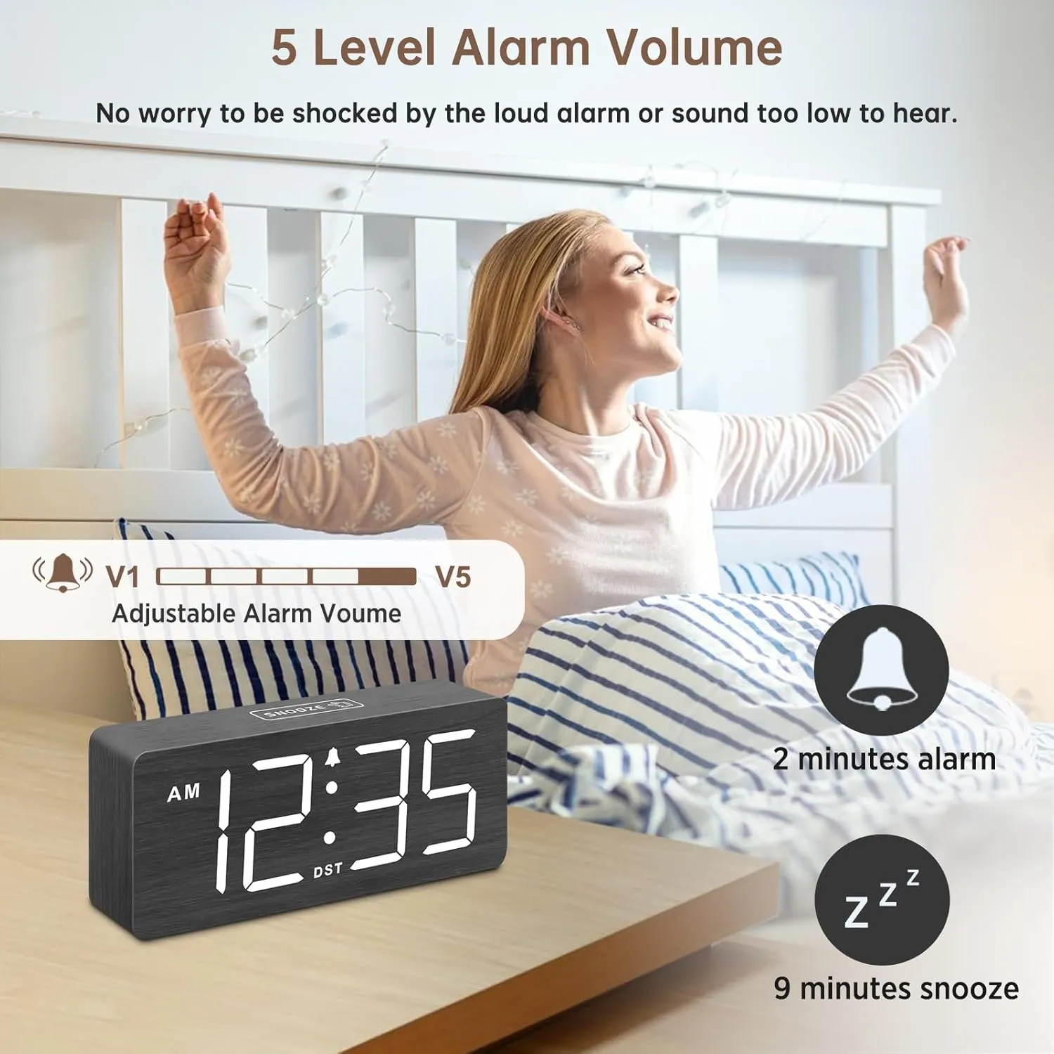DreamSky Wooden Digital Alarm Clock for Bedroom - Loud Alarm Clock for Heavy Sleepers with Volume Control, Desk Clocks for Living Room with Large Numbers, Dimmer, DST, Wood Decor