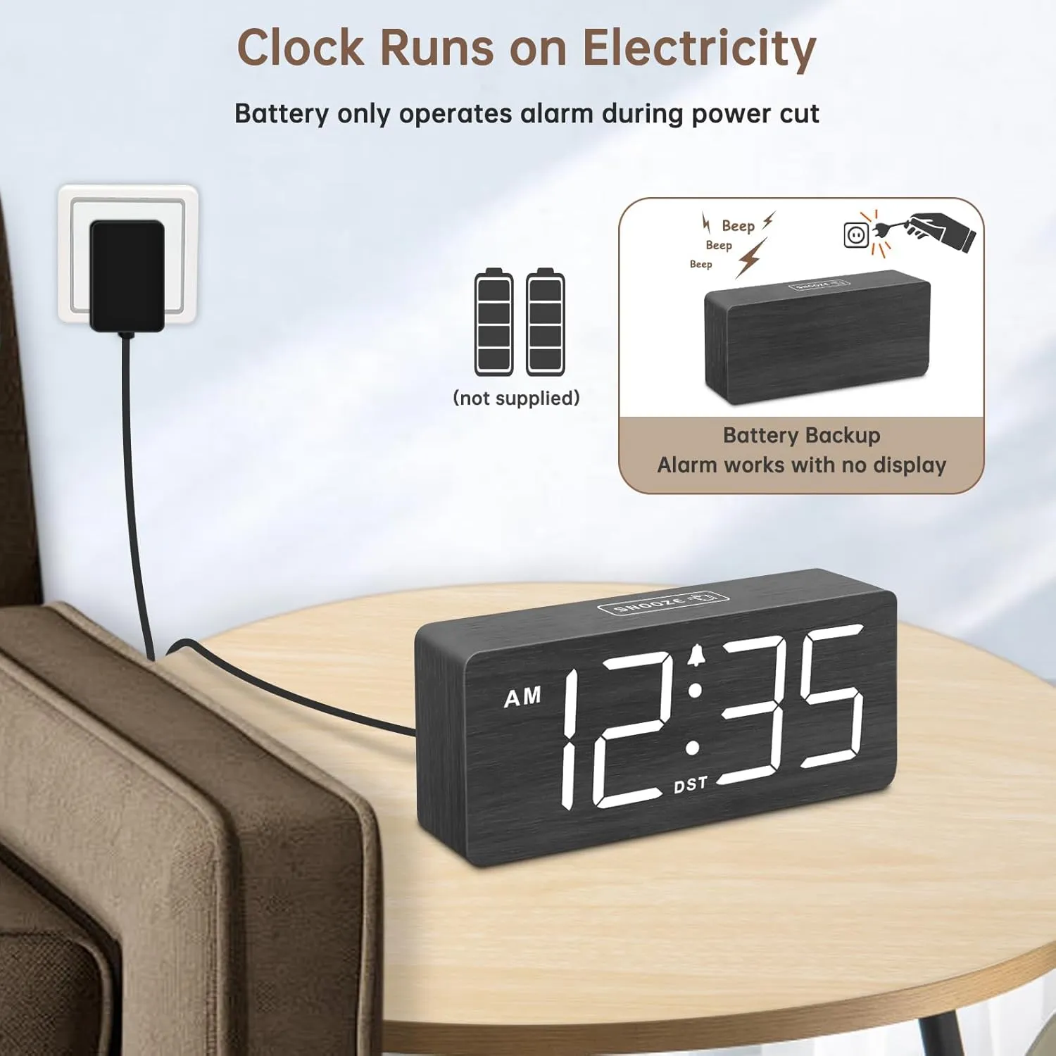 DreamSky Wooden Digital Alarm Clock for Bedroom - Loud Alarm Clock for Heavy Sleepers with Volume Control, Desk Clocks for Living Room with Large Numbers, Dimmer, DST, Wood Decor
