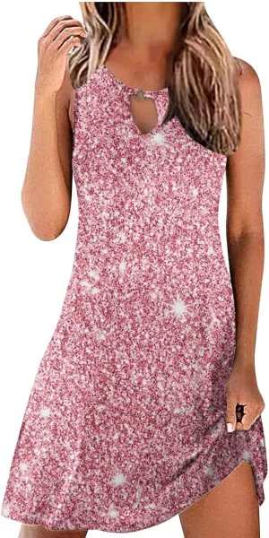 Dresses for Women Fashion Hollow Out O-Neck Sleeveless Dress Casual Boho Summer Dresses A Line Beach Sundress
