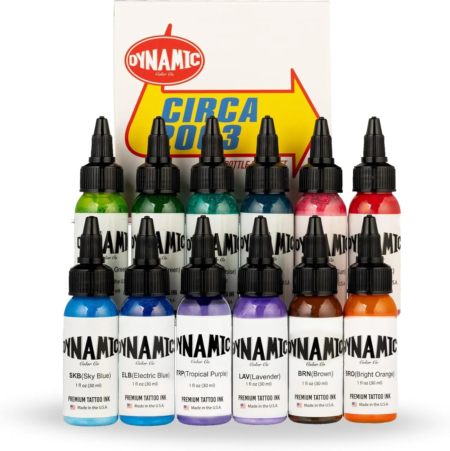 Dynamic Color Co - Circa Color Set 1oz Includes: Electric Blue, Sky Blue, Teal, Turquoise, Bright Orange, Light Brown, Lyme Green, Leaf Green, Tropical Purple, Lavender, Hot Pink, Bubble Gum Pink