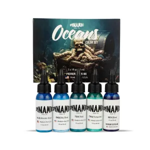 Dynamic Color Co - Oceans Color Set, 1oz Bottle of Each: Electric Blue, Sky Blue, Teal, Turquoise, and Our Original Dynamic Blue Tattoo Ink, Made in USA