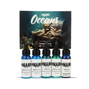 Dynamic Color Co - Oceans Color Set, 1oz Bottle of Each: Electric Blue, Sky Blue, Teal, Turquoise, and Our Original Dynamic Blue Tattoo Ink, Made in USA