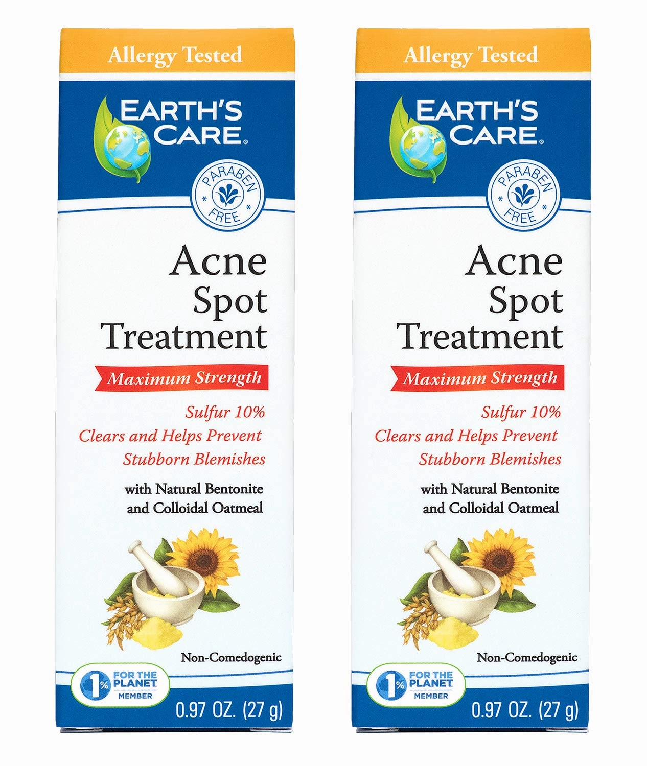Earth's Care Acne Spot Treatment - 10% Sulfur Cream Medication to Clear Cystic Acne, Pimples and Blackheads on Face and Body (Tube 0.97 OZ) - 2 Pack