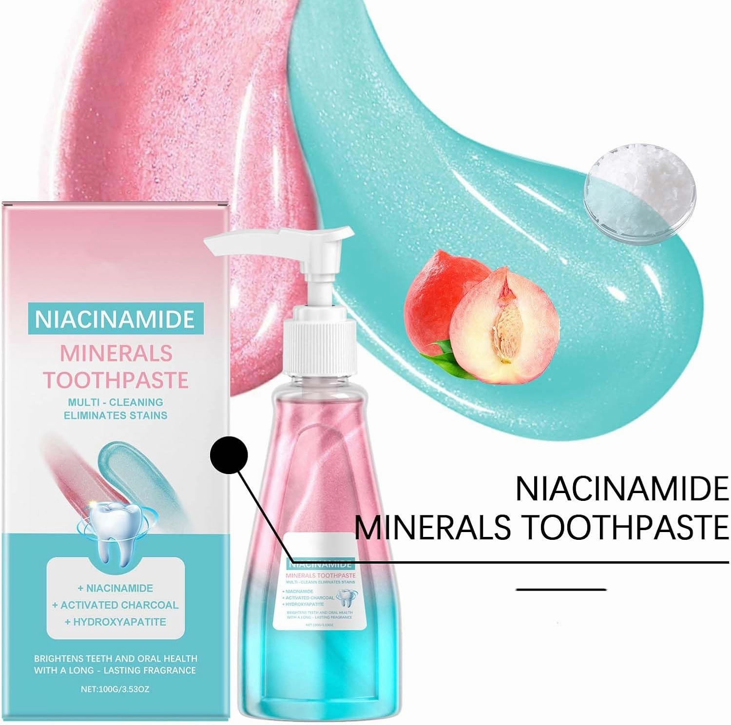 Easilyous Bright White Toothpaste, Niacinamide Whitening Toothpaste, NAM Activated Charcoal Hydroxyapatite Triple Whitening ＆ Removes Stains, Fresh Breath, Gum Repair, Peach 3.53oz (1)