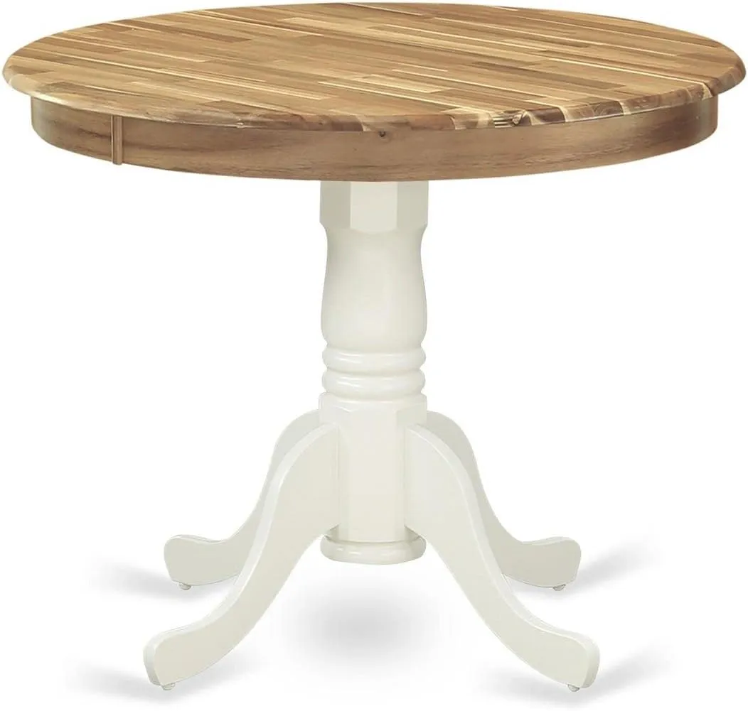 East West Furniture AMT-NLW-TP Antique Dining Table - a Round Wooden Table Top with Pedestal Base, 36x36 Inch, Natural & Linen White