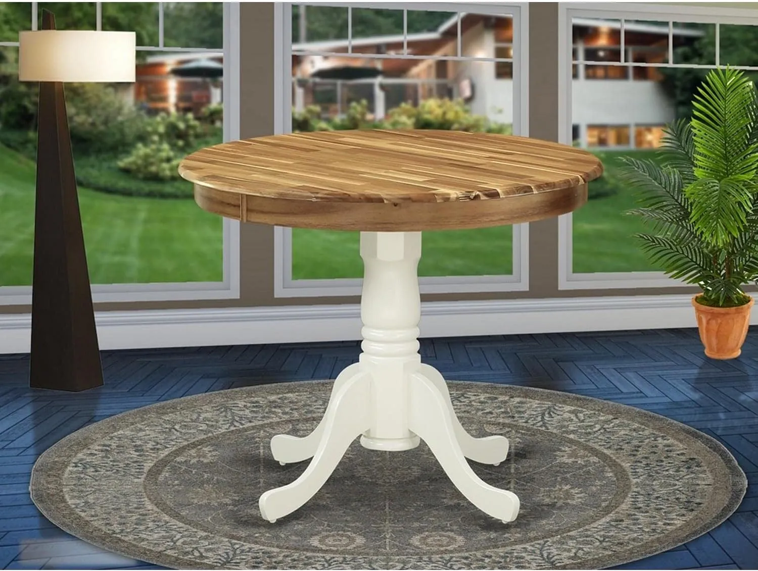 East West Furniture AMT-NLW-TP Antique Dining Table - a Round Wooden Table Top with Pedestal Base, 36x36 Inch, Natural & Linen White
