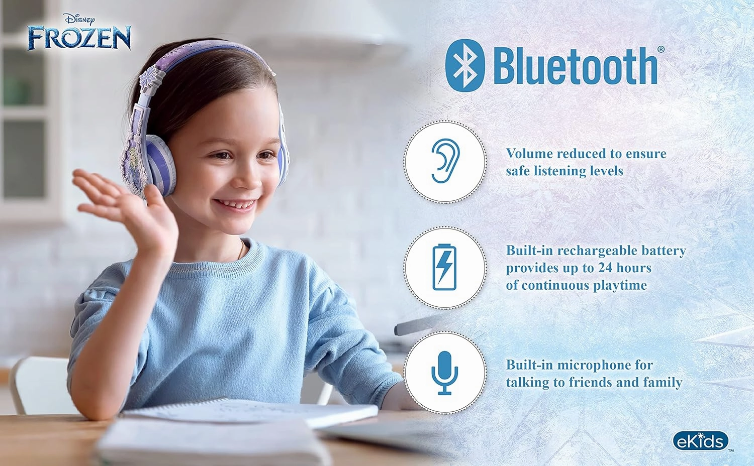 eKids Disney Frozen 2 Bluetooth Headphones with Microphone, Volume Reduced to Protect Hearing, Adjustable Wireless Headphones for School Home Travel, for Fans of Anna and Elsa