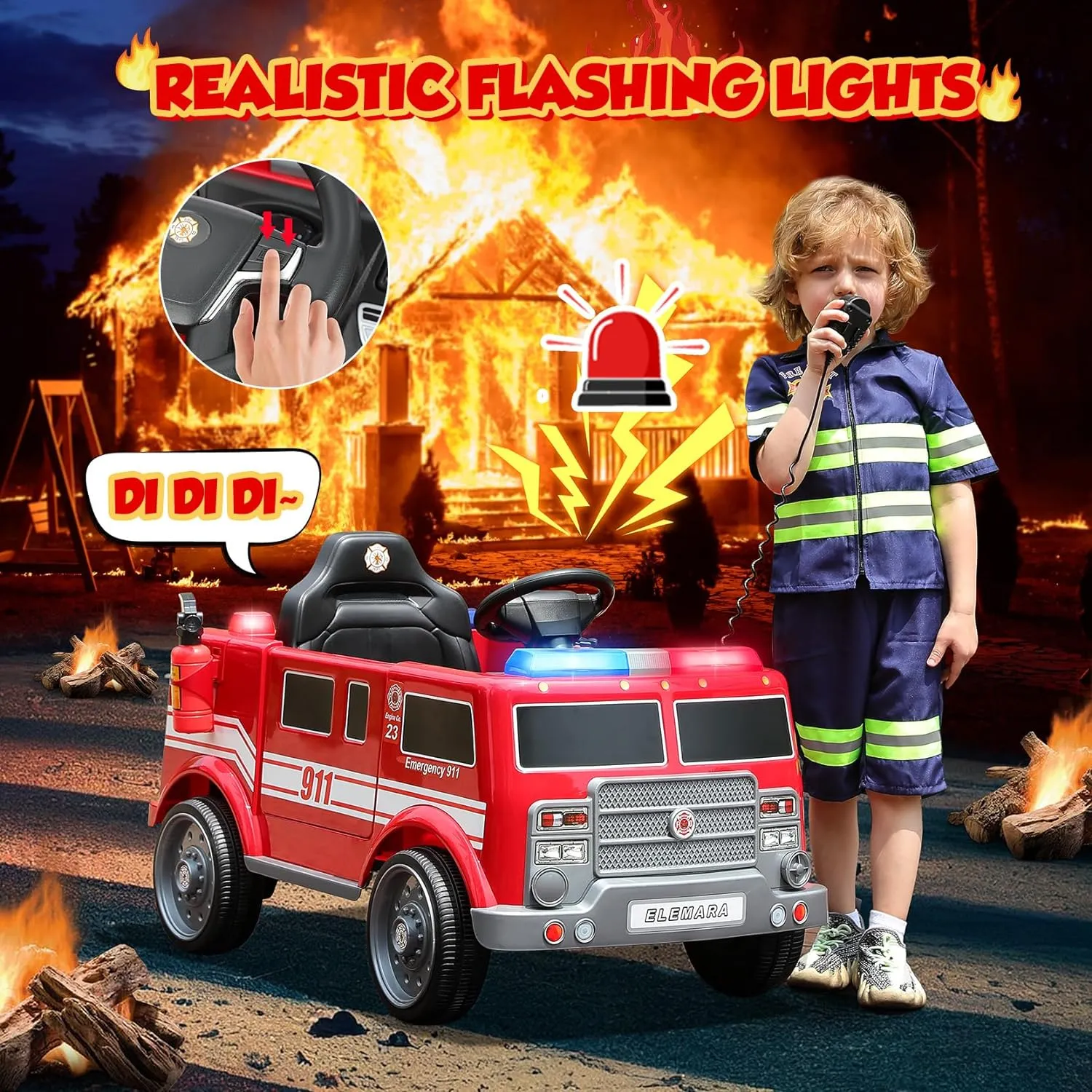 ELEMARA 12V Ride on Fire Truck, Electric Ride on Car for Kids,Battery Powered Toddler Car w/Parent Remote Control,Siren-Call,walkie-talkies, Flashing Lights,Fire Extinguishers, Bluetooth,Music,UBS.