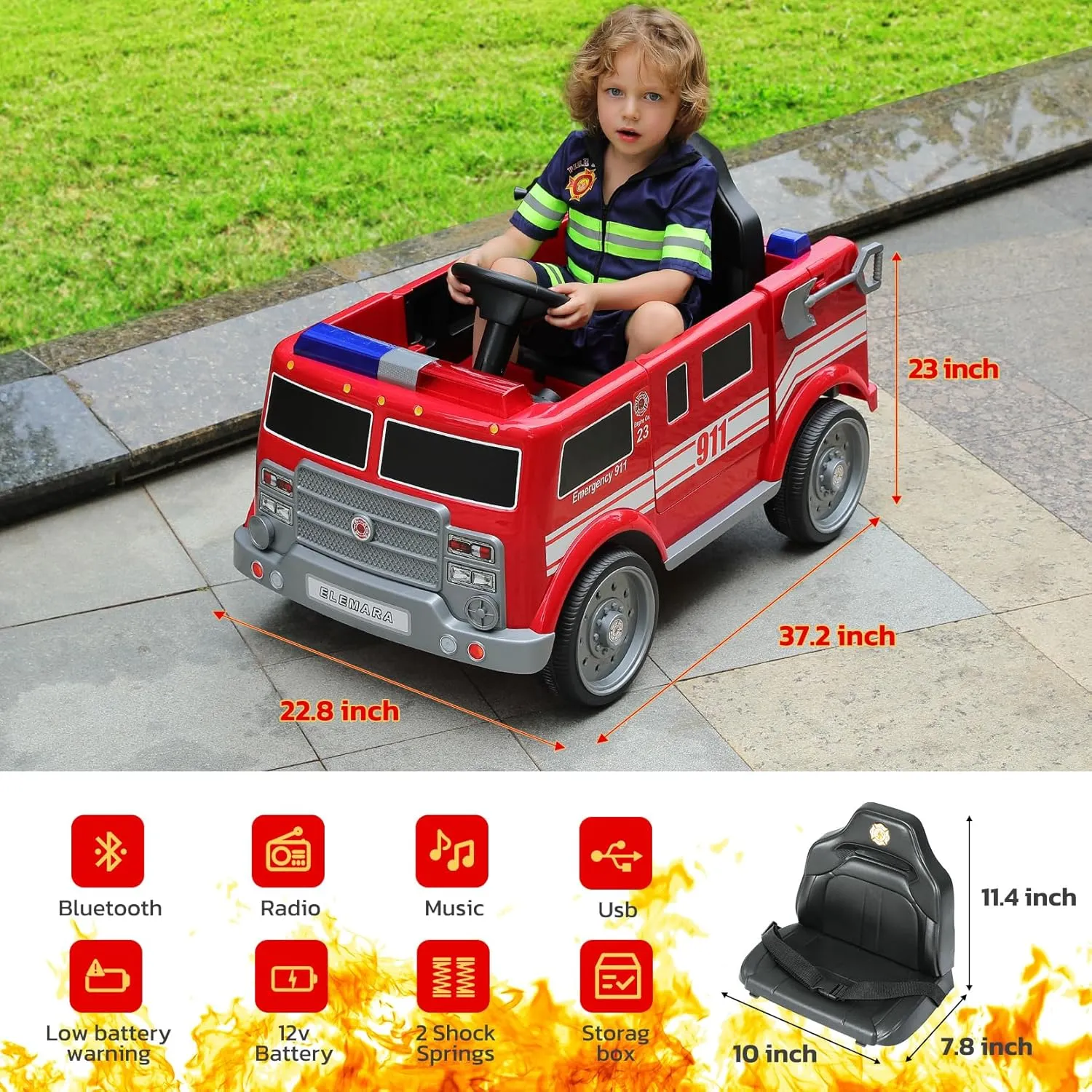 ELEMARA 12V Ride on Fire Truck, Electric Ride on Car for Kids,Battery Powered Toddler Car w/Parent Remote Control,Siren-Call,walkie-talkies, Flashing Lights,Fire Extinguishers, Bluetooth,Music,UBS.