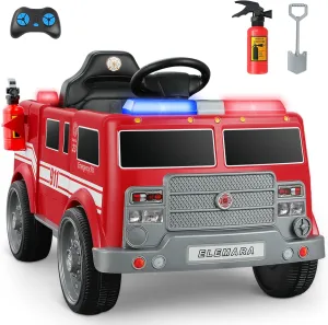 ELEMARA 12V Ride on Fire Truck, Electric Ride on Car for Kids,Battery Powered Toddler Car w/Parent Remote Control,Siren-Call,walkie-talkies, Flashing Lights,Fire Extinguishers, Bluetooth,Music,UBS.