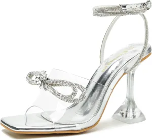 Enelauge Women's Double Bowknot Crystal Sandals Clear Slingback Heels Lace Up Square Toe Rhinstone Wedding Party Shoes 9cm