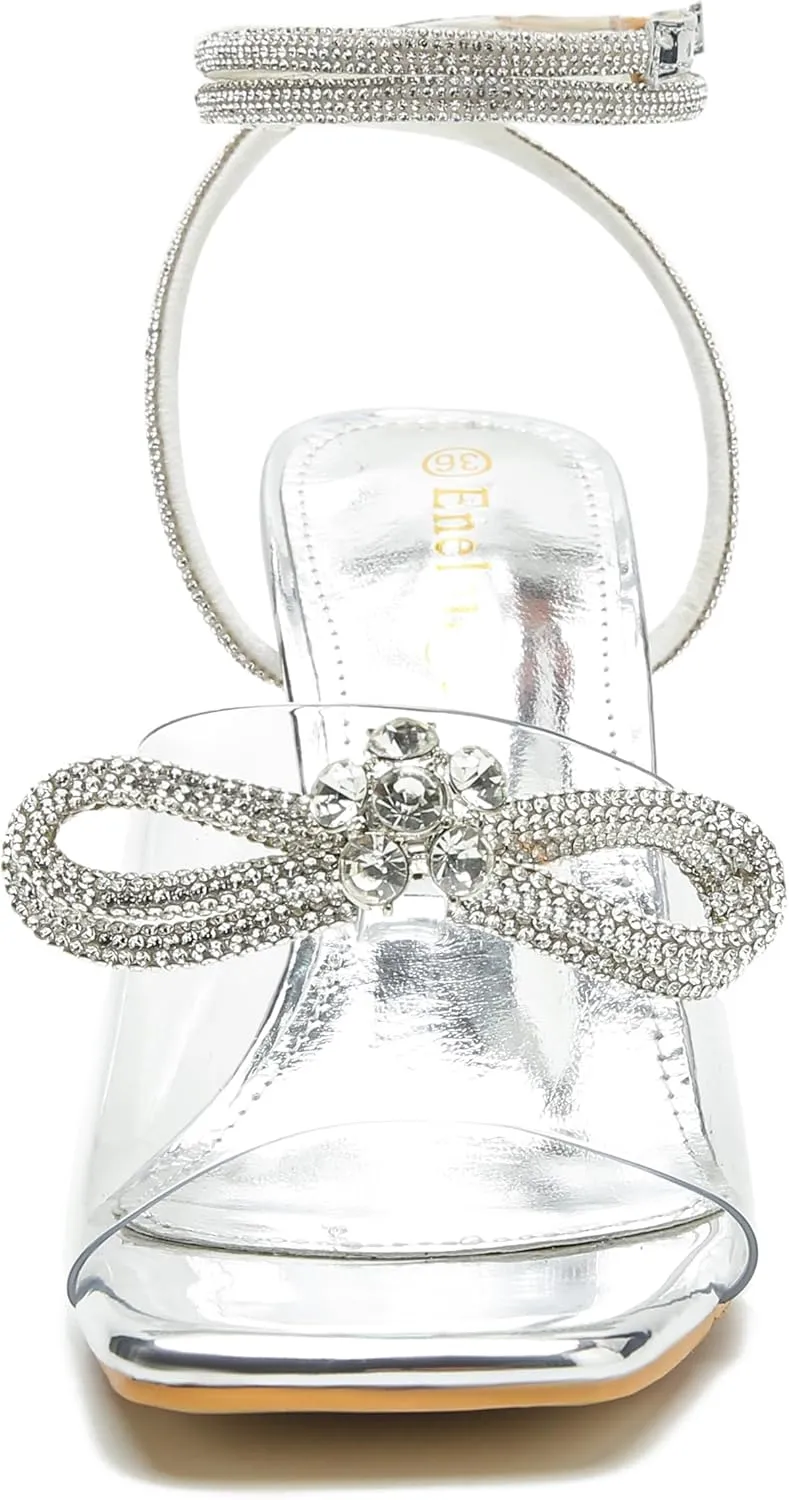 Enelauge Women's Double Bowknot Crystal Sandals Clear Slingback Heels Lace Up Square Toe Rhinstone Wedding Party Shoes 9cm