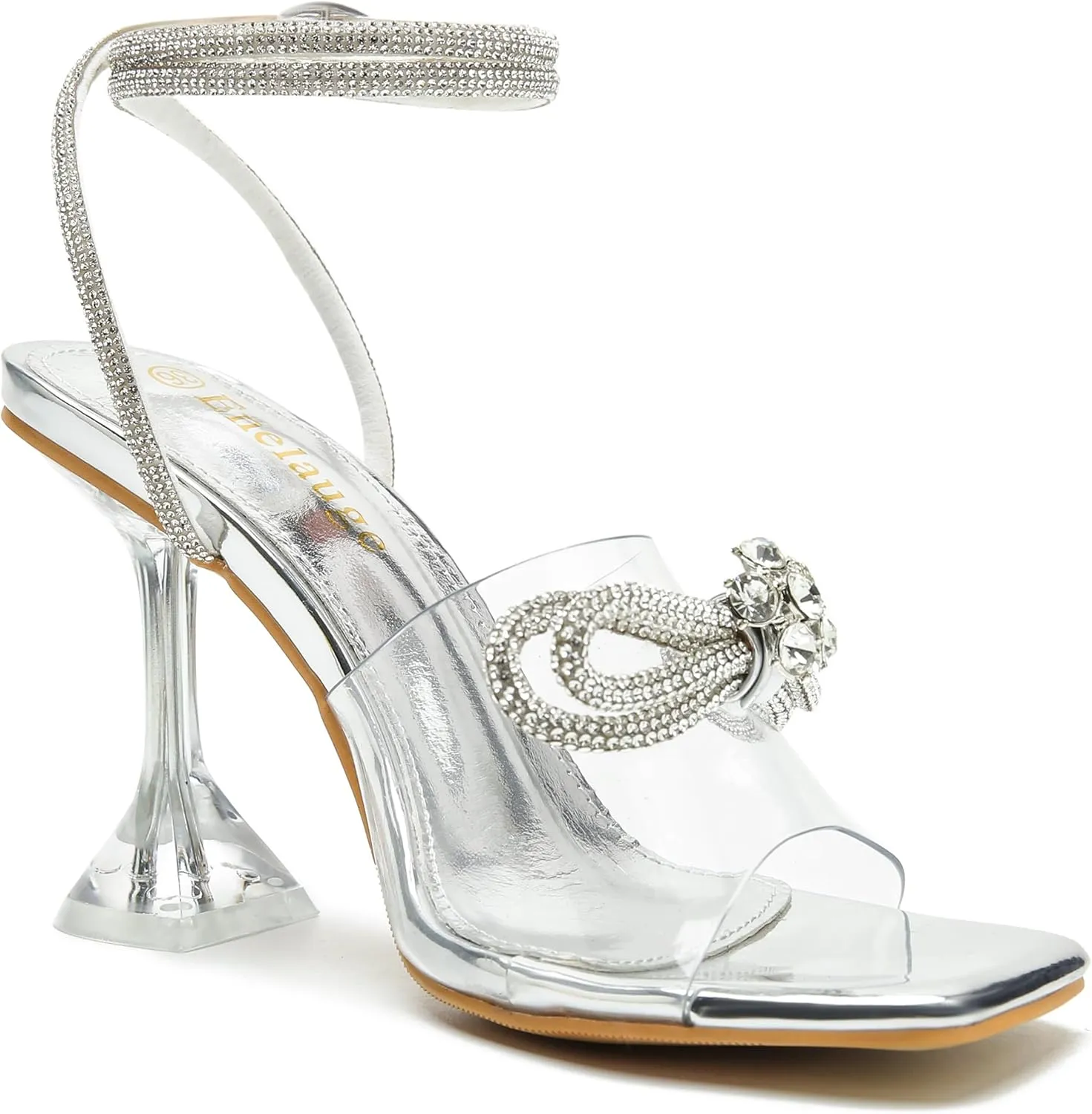 Enelauge Women's Double Bowknot Crystal Sandals Clear Slingback Heels Lace Up Square Toe Rhinstone Wedding Party Shoes 9cm
