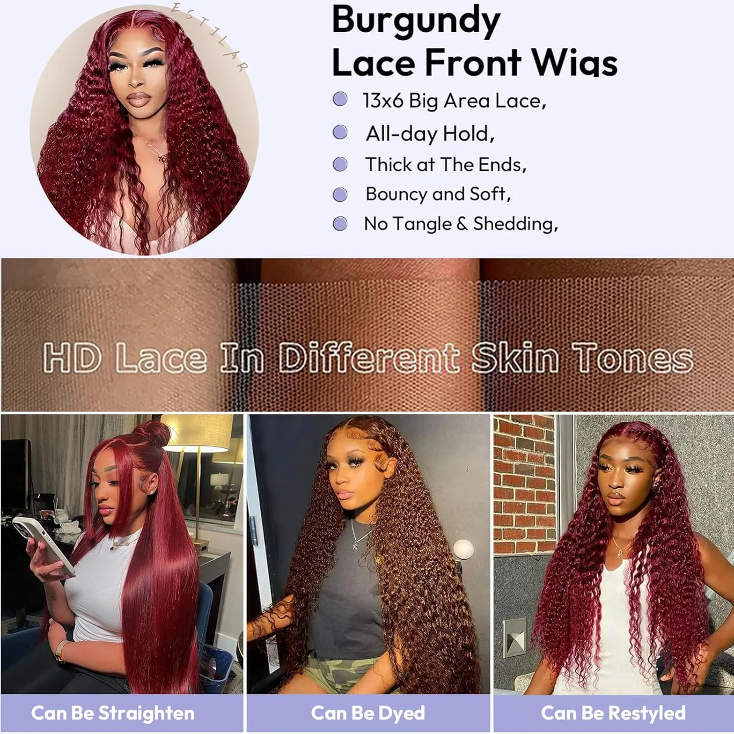 Estilar Burgundy Lace Front Wigs Human Hair 13x6 Deep Wave Lace Front Wigs Human Hair 200 Density Brazilian Virgin Red Colored Wigs Human Hair for Women 99j Curly Lace Frontal Wigs 28 Inch