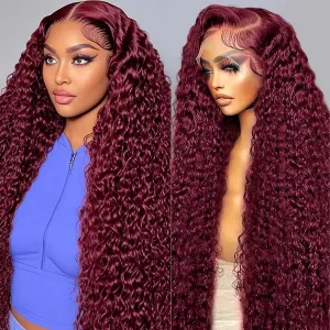 Estilar Burgundy Lace Front Wigs Human Hair 13x6 Deep Wave Lace Front Wigs Human Hair 200 Density Brazilian Virgin Red Colored Wigs Human Hair for Women 99j Curly Lace Frontal Wigs 28 Inch