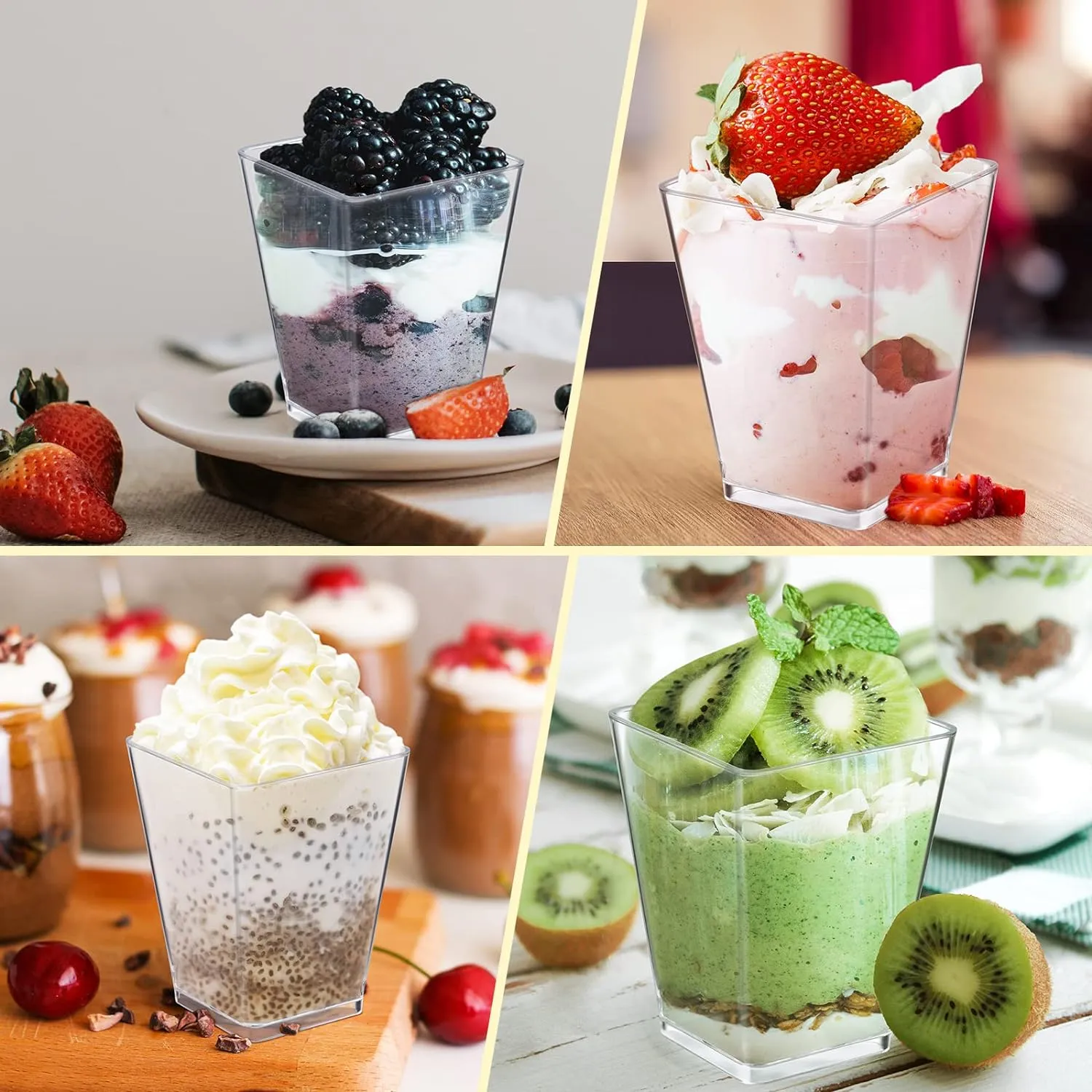 Eupako 100 Pack 5 oz Square Clear Plastic Dessert Cups Small Clear Plastic Tumbler Cups Great for Desserts, Appetizers, Puddings, Mousse and More