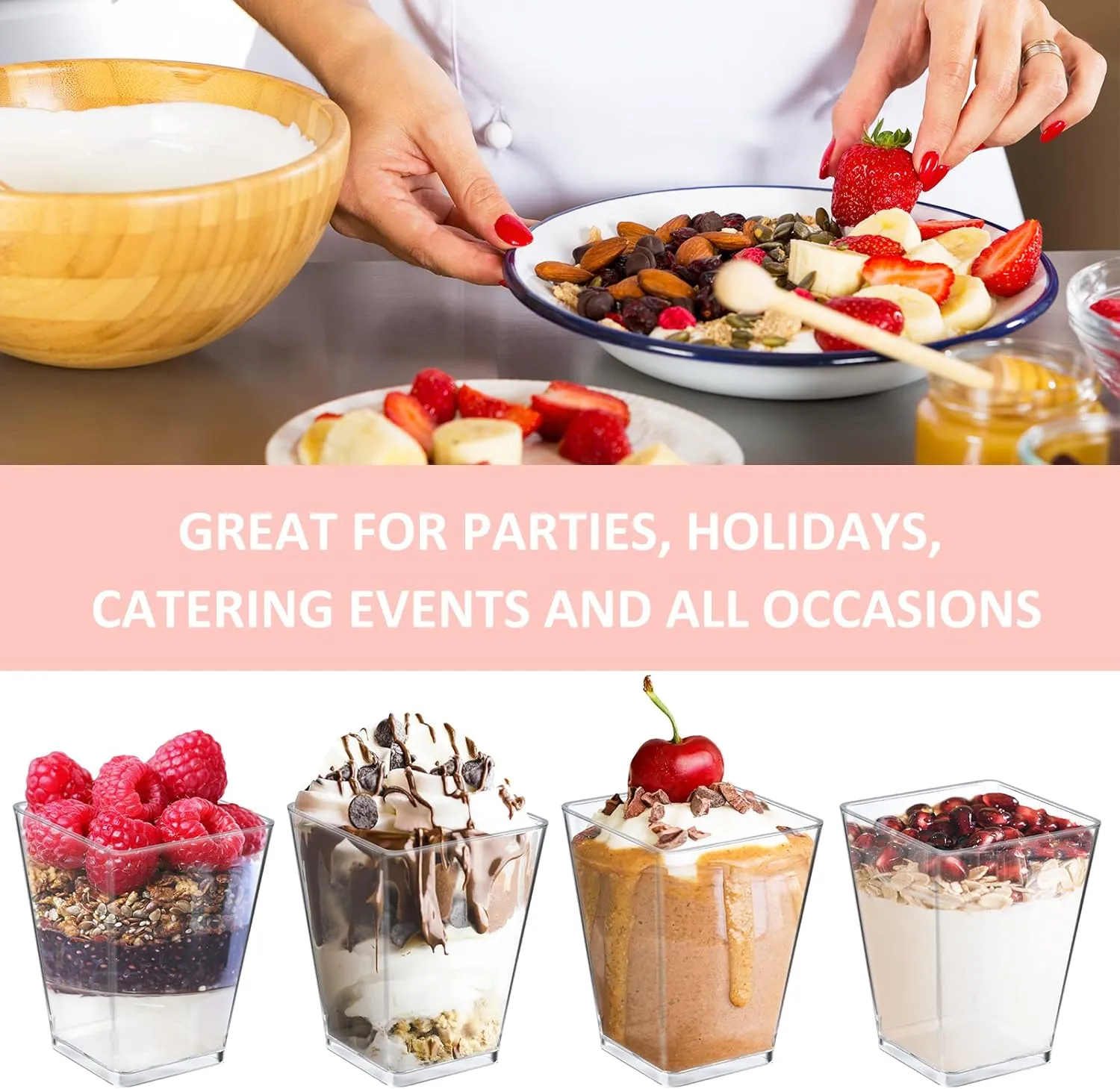 Eupako 100 Pack 5 oz Square Clear Plastic Dessert Cups Small Clear Plastic Tumbler Cups Great for Desserts, Appetizers, Puddings, Mousse and More