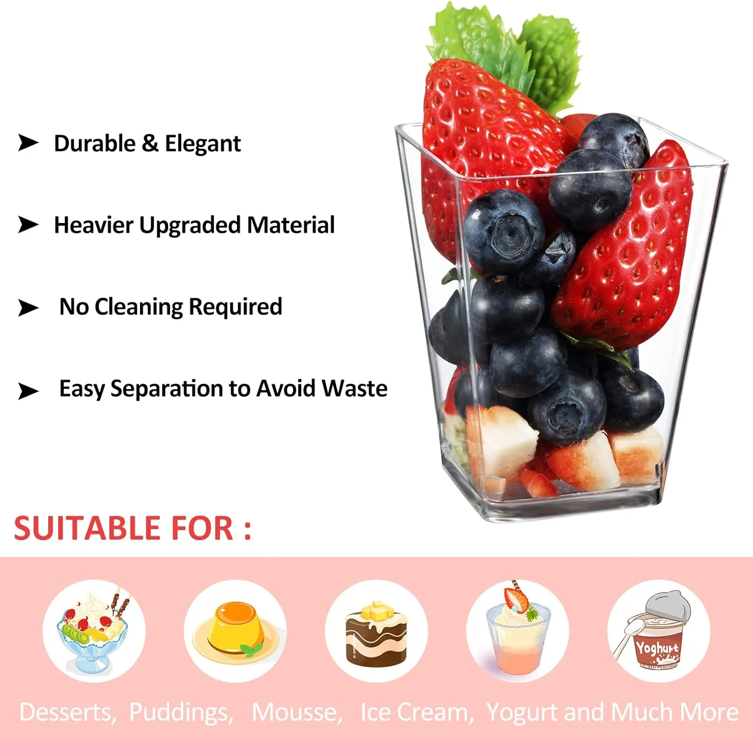 Eupako 100 Pack 5 oz Square Clear Plastic Dessert Cups Small Clear Plastic Tumbler Cups Great for Desserts, Appetizers, Puddings, Mousse and More