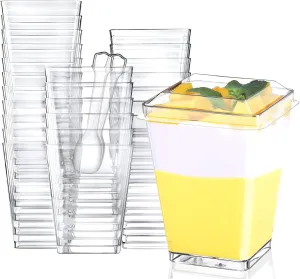 Eupako 100 Pack 5 oz Square Clear Plastic Dessert Cups with Lids and Spoons, Small Clear Tumbler Cups Set, Great for Desserts, Appetizers, Puddings, Mousse