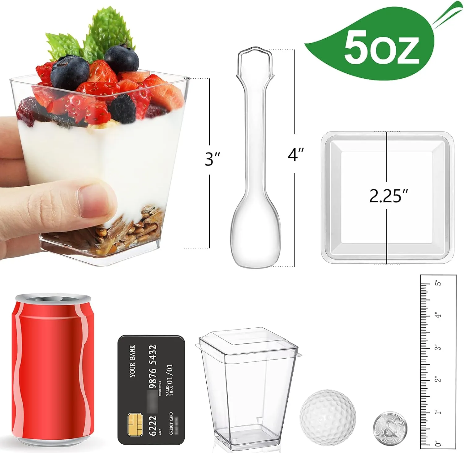 Eupako 100 Pack 5 oz Square Clear Plastic Dessert Cups with Lids and Spoons, Small Clear Tumbler Cups Set, Great for Desserts, Appetizers, Puddings, Mousse