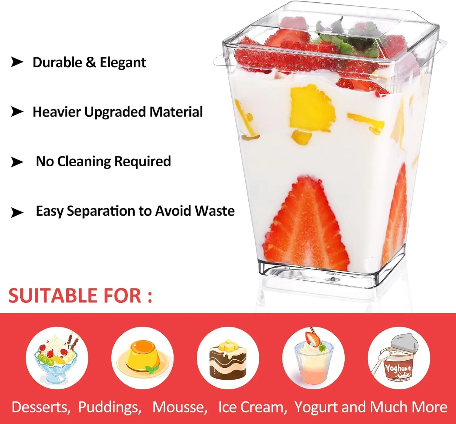 Eupako 100 Pack 5 oz Square Clear Plastic Dessert Cups with Lids and Spoons, Small Clear Tumbler Cups Set, Great for Desserts, Appetizers, Puddings, Mousse