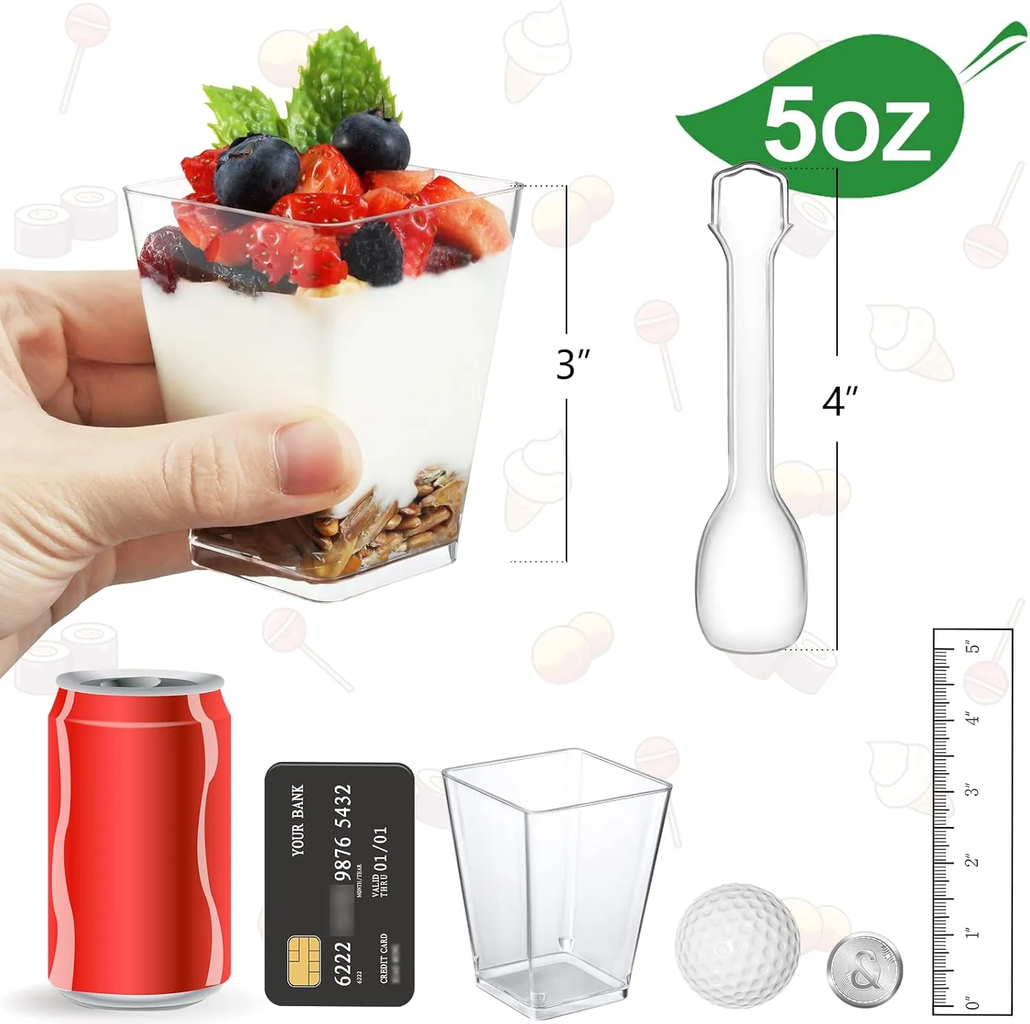 Eupako 100 Pack 5 oz Square Clear Plastic Dessert Cups with Spoons Small Tumbler Great for Desserts, Appetizers, Puddings, Mousse, Parfait