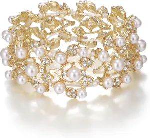 EVER FAITH Crystal Cream Simulated Pearl 1920's Style Leaf Stretch Bracelet Clear
