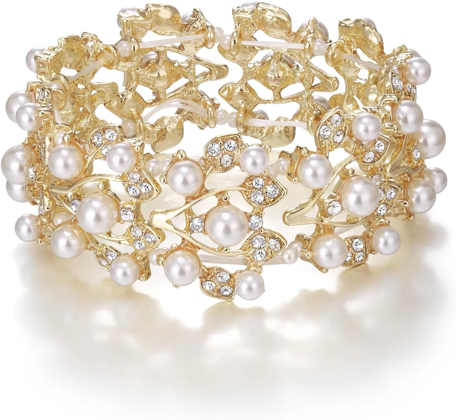 EVER FAITH Crystal Cream Simulated Pearl 1920's Style Leaf Stretch Bracelet Clear