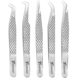Eyelash Extensions Tweezers Professional Lash Tweezers for Volume, Isolation - Stainless Steel Hand Calibrated Straight/Curved Tips Precision Tweezers Set 5Pcs (Silver)