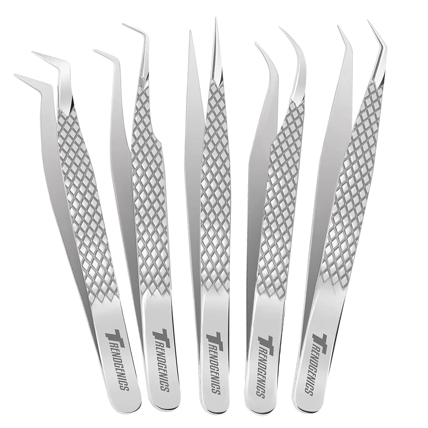 Eyelash Extensions Tweezers Professional Lash Tweezers for Volume, Isolation - Stainless Steel Hand Calibrated Straight/Curved Tips Precision Tweezers Set 5Pcs (Silver)