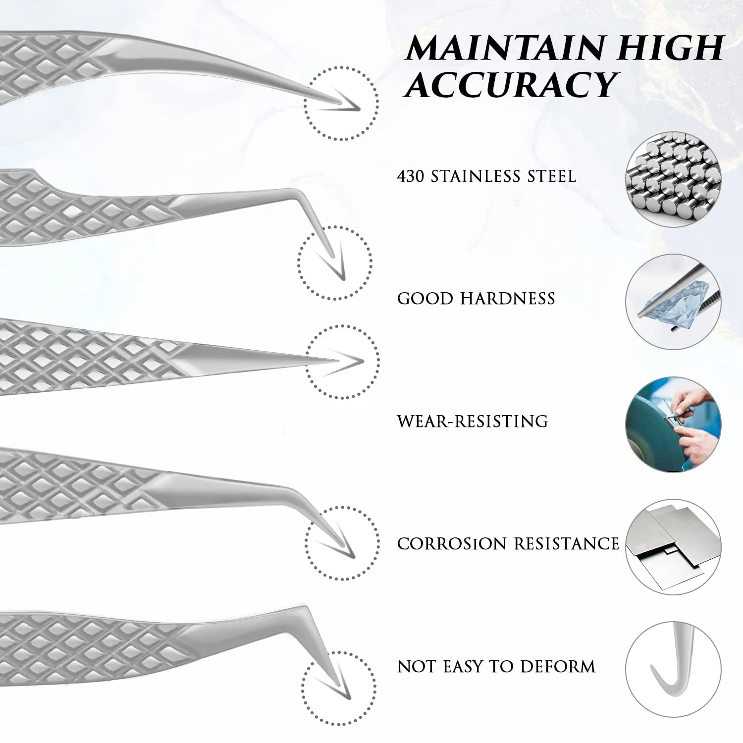Eyelash Extensions Tweezers Professional Lash Tweezers for Volume, Isolation - Stainless Steel Hand Calibrated Straight/Curved Tips Precision Tweezers Set 5Pcs (Silver)